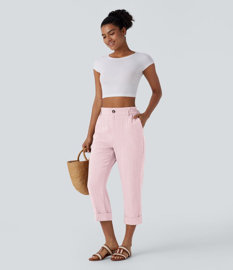 High Waisted Zipper Pocket Capri Linen-Feel Pants