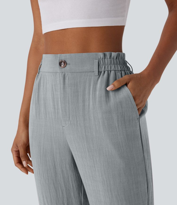 High Waisted Zipper Pocket Cropped Linen-Feel Pants
