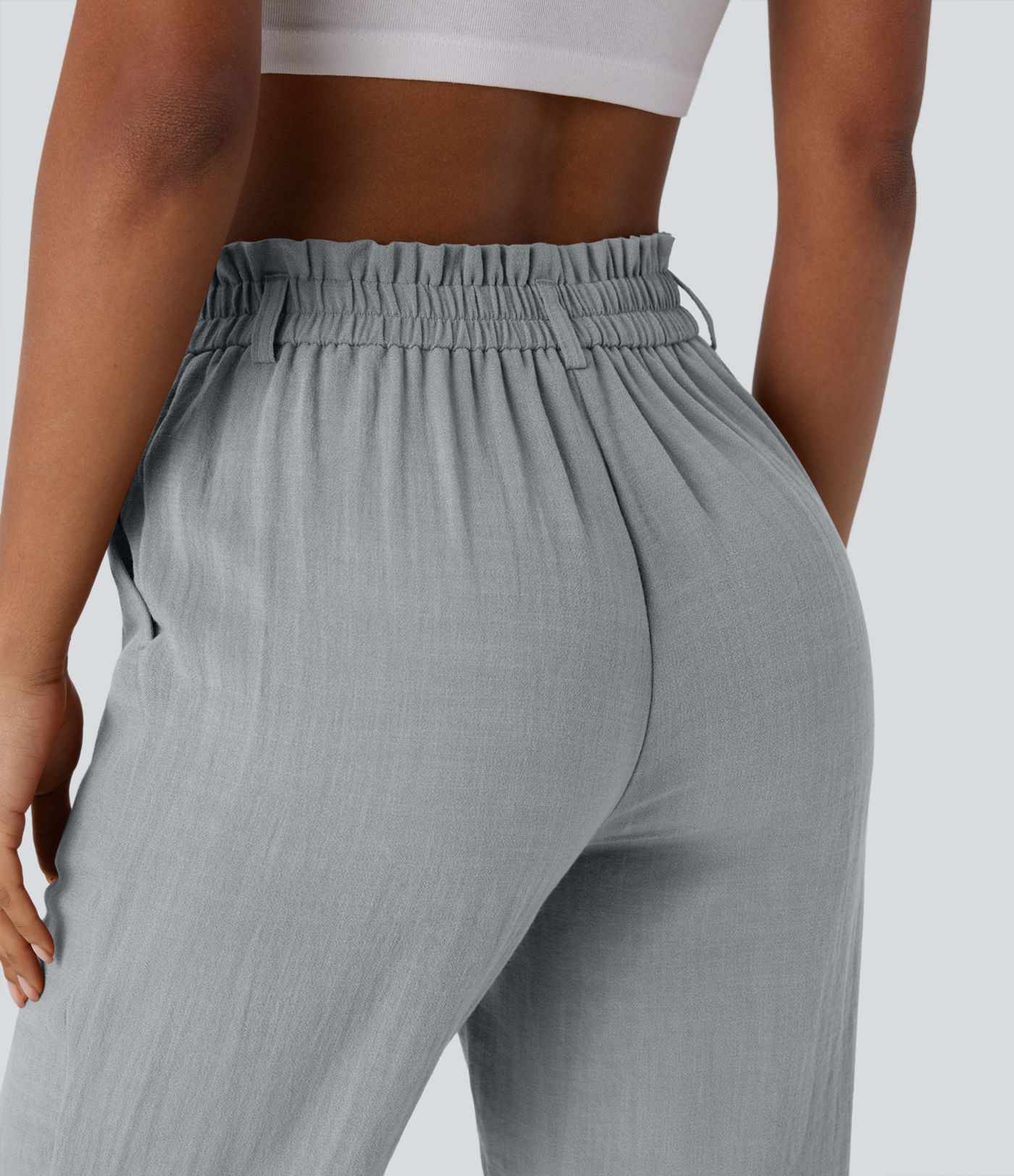 High Waisted Zipper Pocket Cropped Linen-Feel Pants