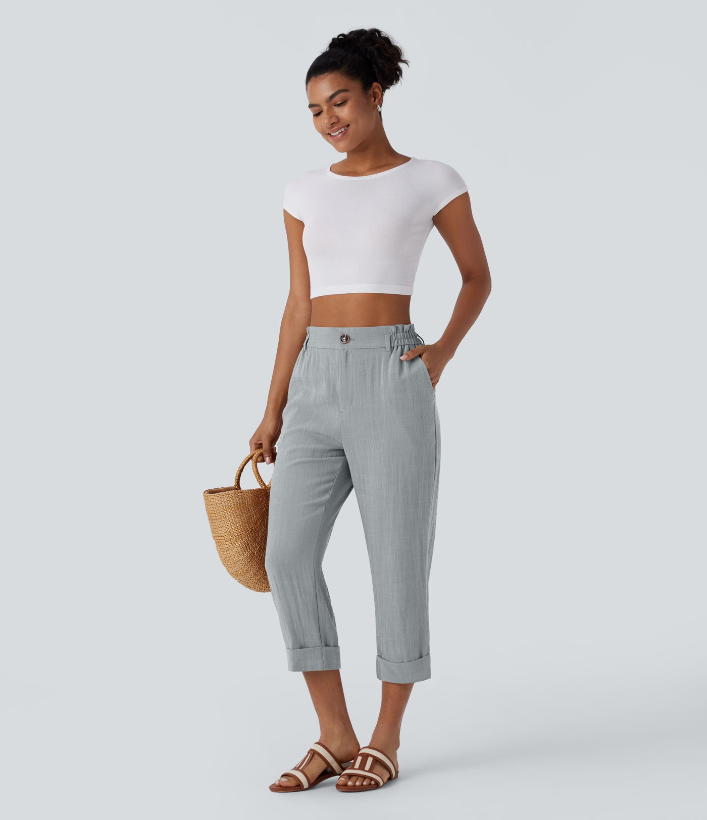 High Waisted Zipper Pocket Cropped Linen-Feel Pants
