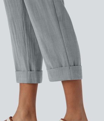 High Waisted Zipper Pocket Cropped Linen-Feel Pants
