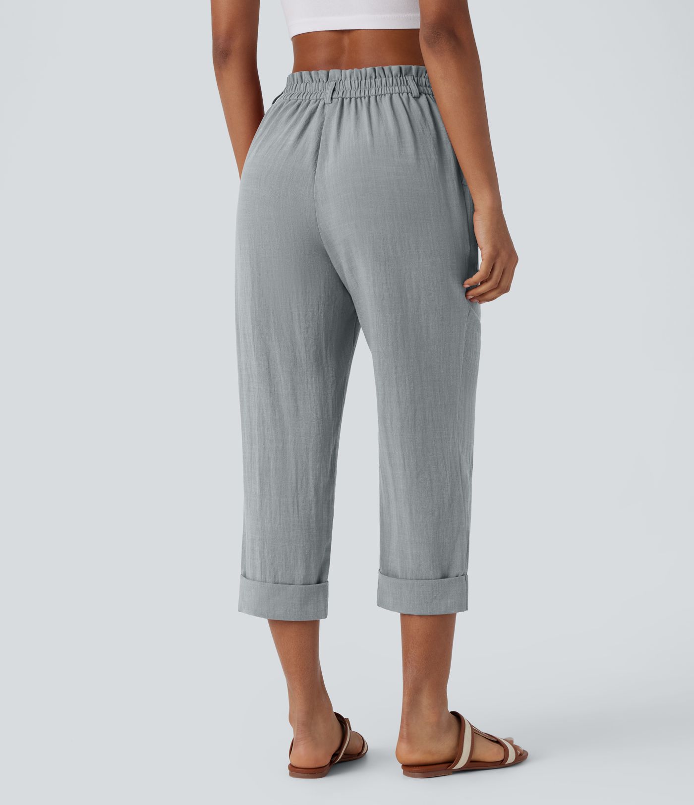High Waisted Zipper Pocket Cropped Linen-Feel Pants