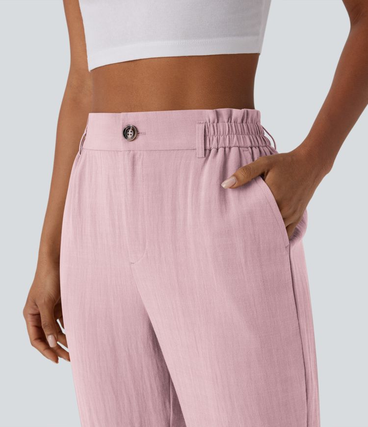 High Waisted Zipper Pocket Capri Linen-Feel Pants
