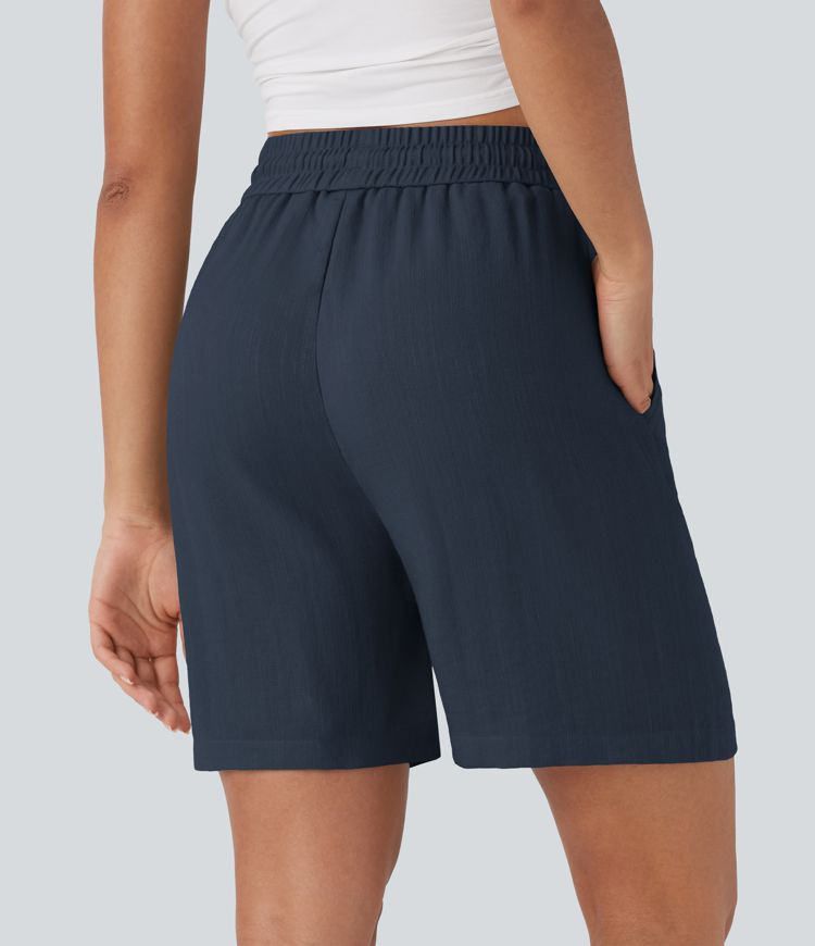 High Waisted Drawstring Casual Linen-Feel Shorts with Pockets