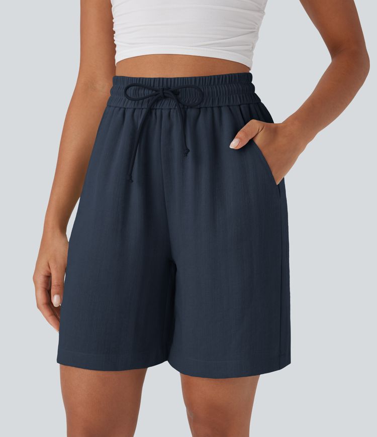 High Waisted Drawstring Casual Linen-Feel Shorts with Pockets
