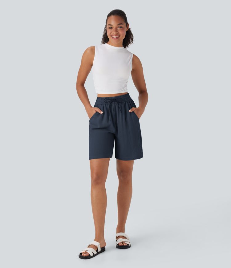 High Waisted Drawstring Casual Linen-Feel Shorts with Pockets