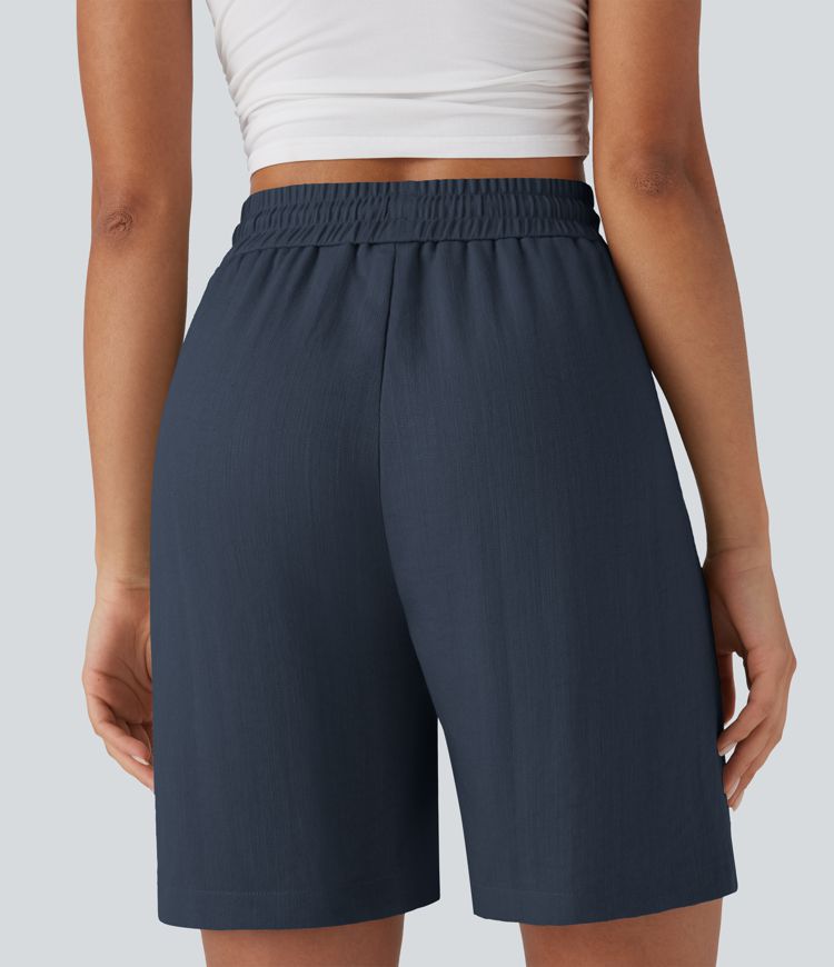 High Waisted Drawstring Casual Linen-Feel Shorts with Pockets
