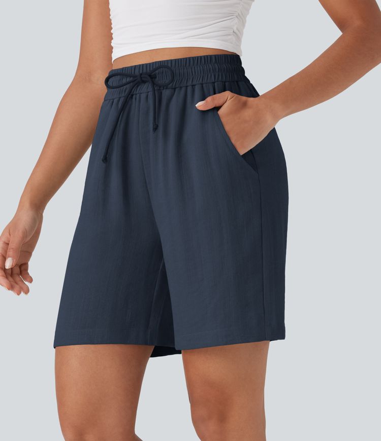 High Waisted Drawstring Casual Linen-Feel Shorts with Pockets