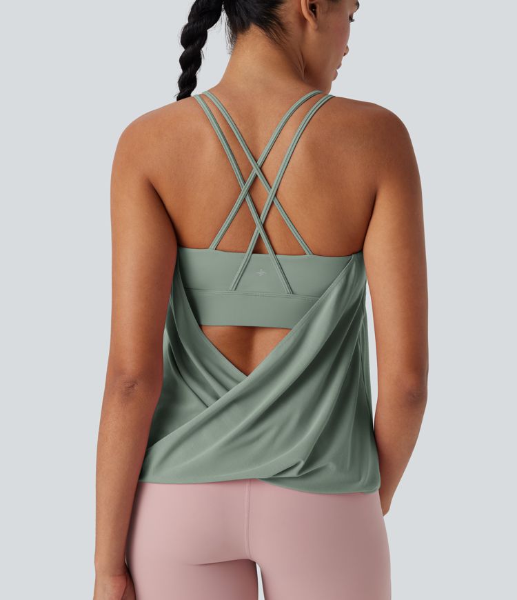 Rückenfreies, plissiertes Yoga-Camisole-Top mit überkreuzten Doppelträgern - schnelltrocknend