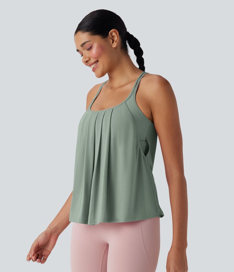 Rückenfreies, plissiertes Yoga-Camisole-Top mit überkreuzten Doppelträgern - schnelltrocknend