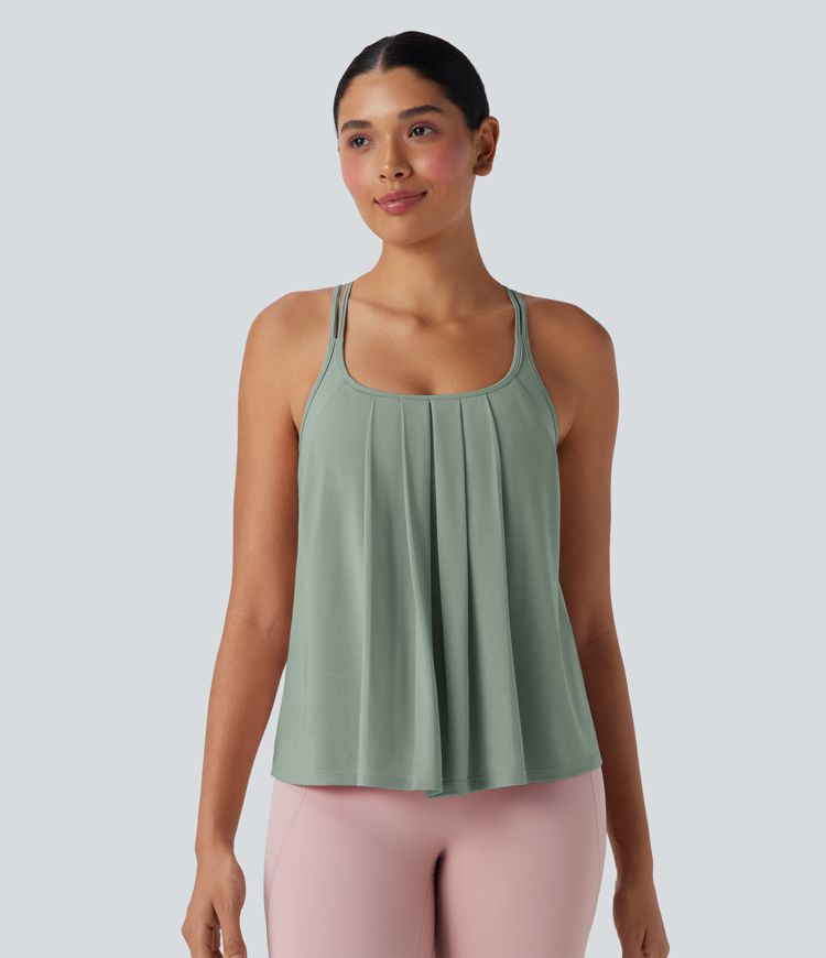 Rückenfreies, plissiertes Yoga-Camisole-Top mit überkreuzten Doppelträgern - schnelltrocknend