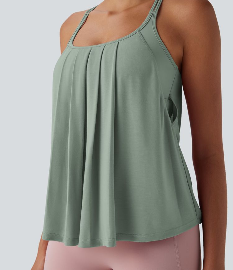 Rückenfreies, plissiertes Yoga-Camisole-Top mit überkreuzten Doppelträgern - schnelltrocknend