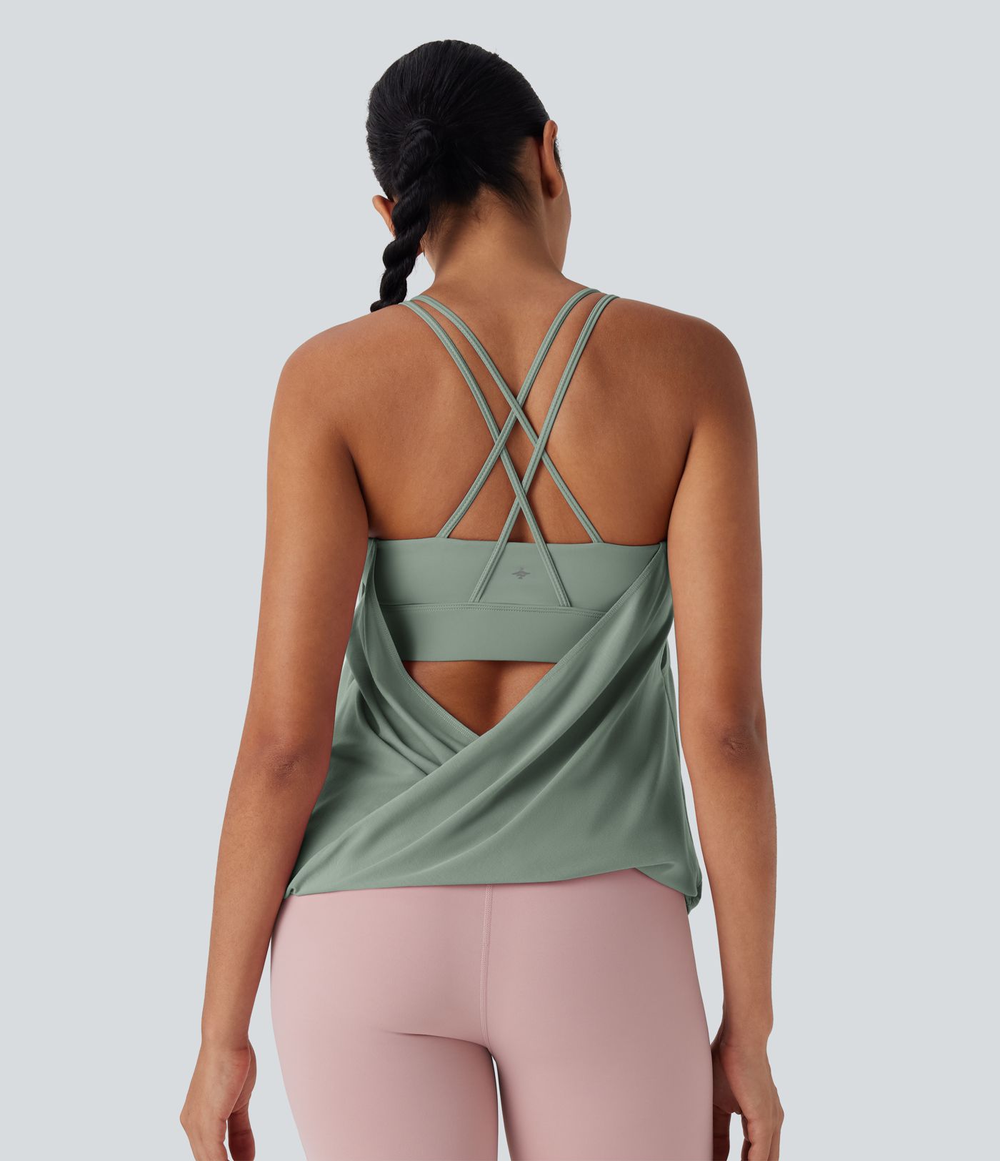 Backless, pleated yoga camisole top with crisscross double straps - quick-drying