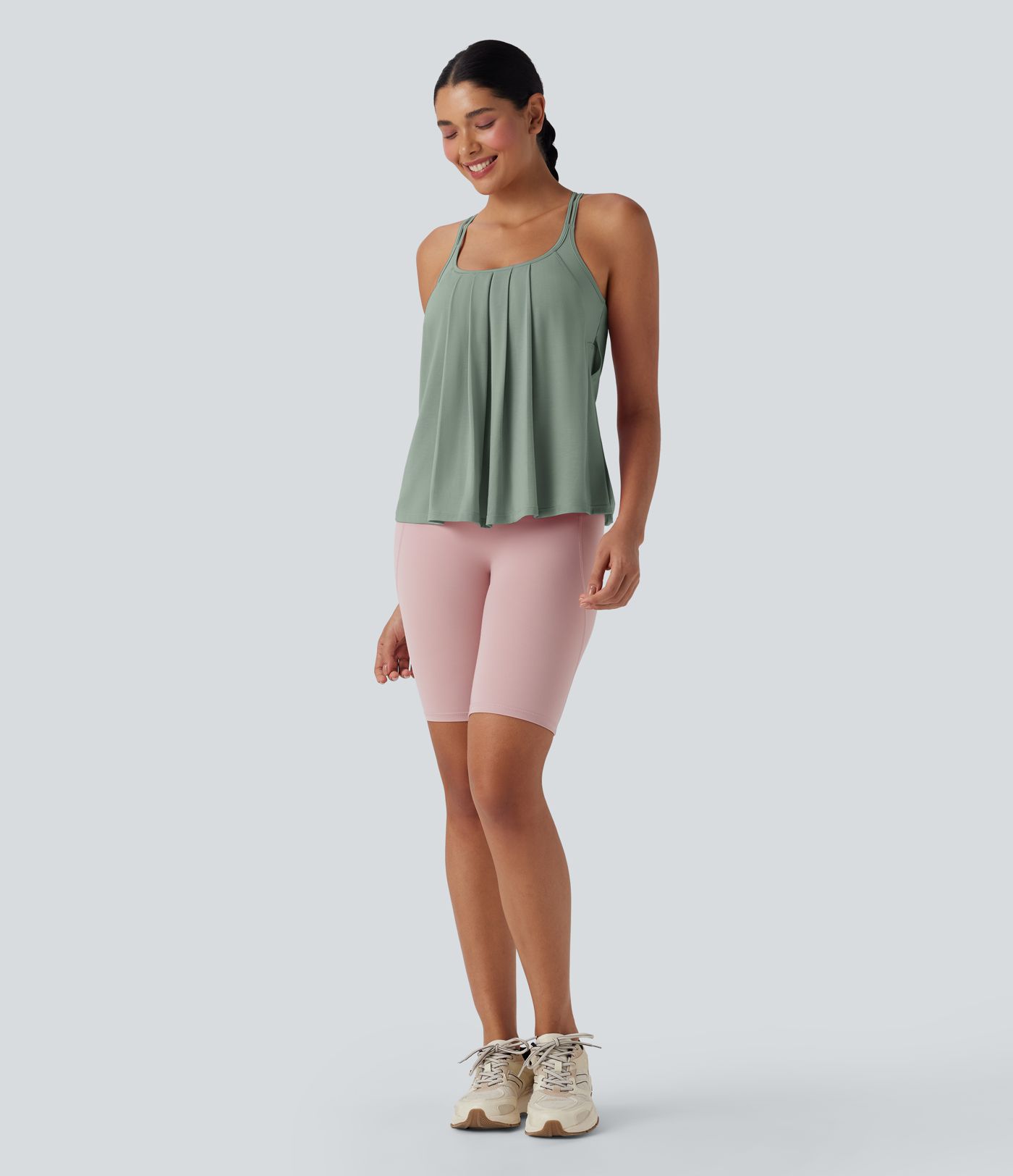 Backless, pleated yoga camisole top with crisscross double straps - quick-drying