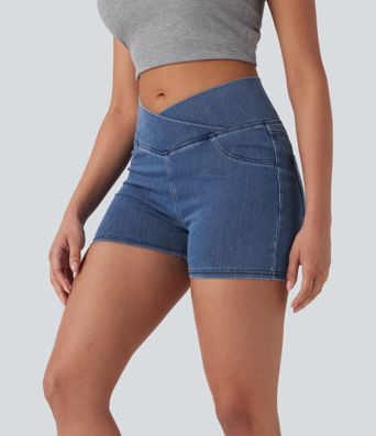 Halara Flex™ High Waisted Crossover Pocket Denim Casual Shorts 3"