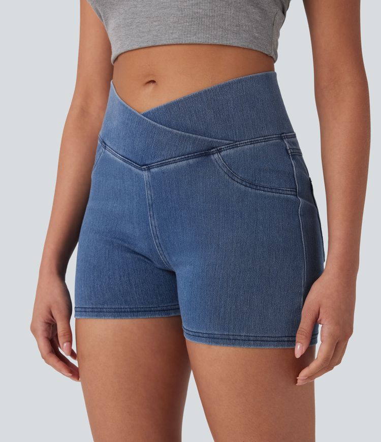 Halara Flex™ High Waisted Crossover Pocket Denim Casual Shorts 3"