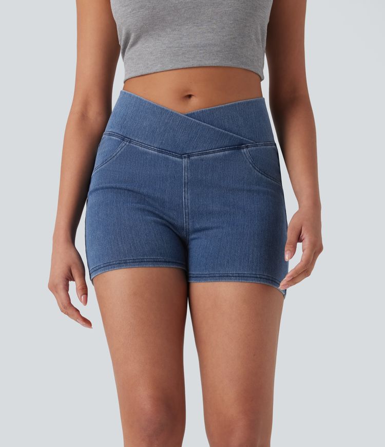 Halara Flex™ High Waisted Crossover Pocket Denim Casual Shorts 3"