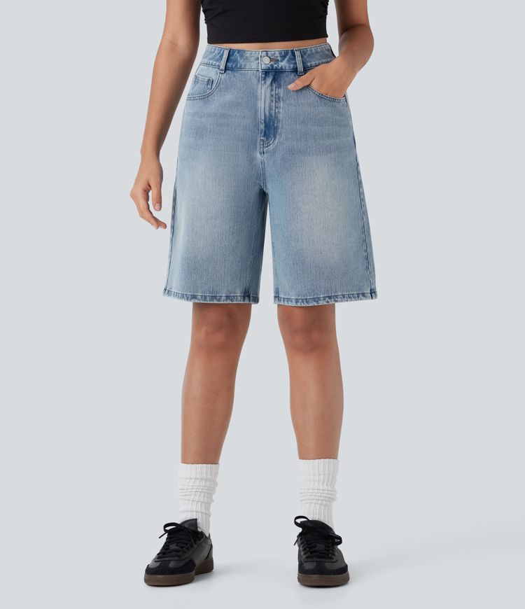 Halara Flex™ High Waisted Pockets Washed Denim Casual Bermuda Shorts