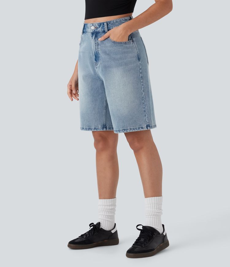 Halara Flex™ High Waisted Pockets Washed Denim Casual Bermuda Shorts