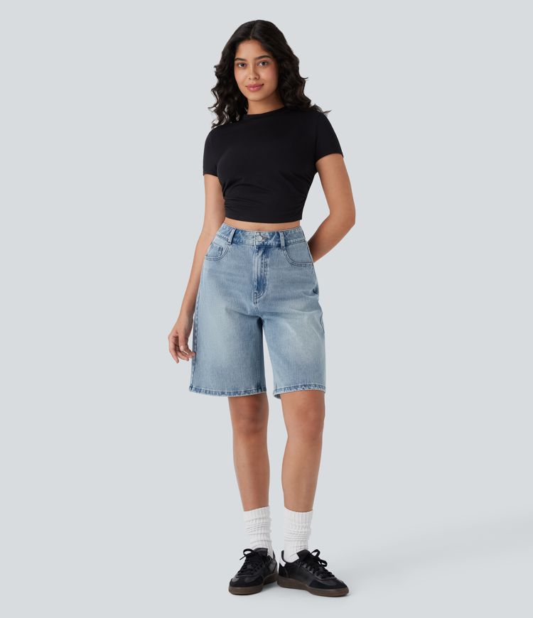 Halara Flex™ High Waisted Pockets Washed Denim Casual Bermuda Shorts