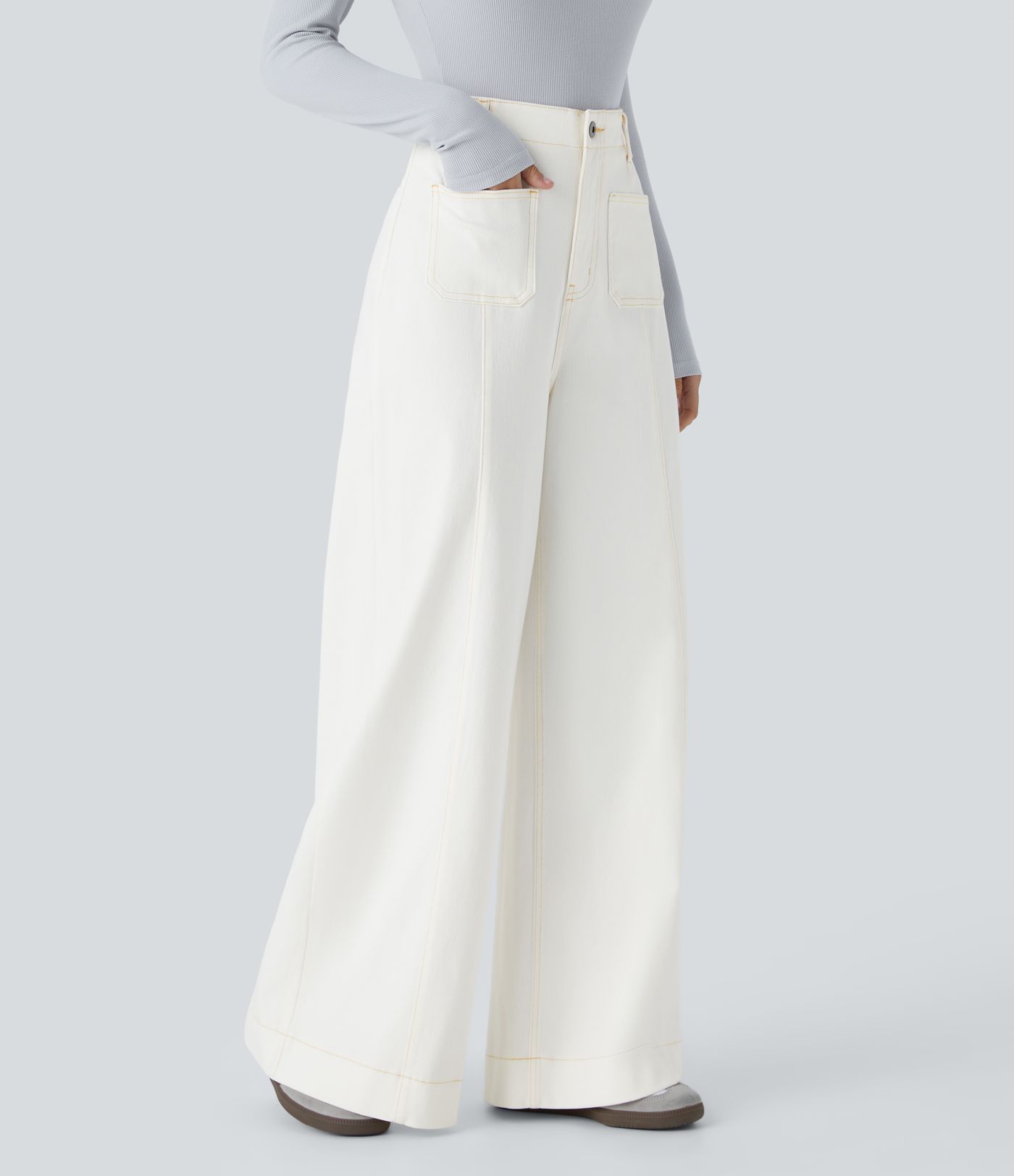 Halara Flex™ High Waisted Pockets Washed Casual Wide Leg Jeans