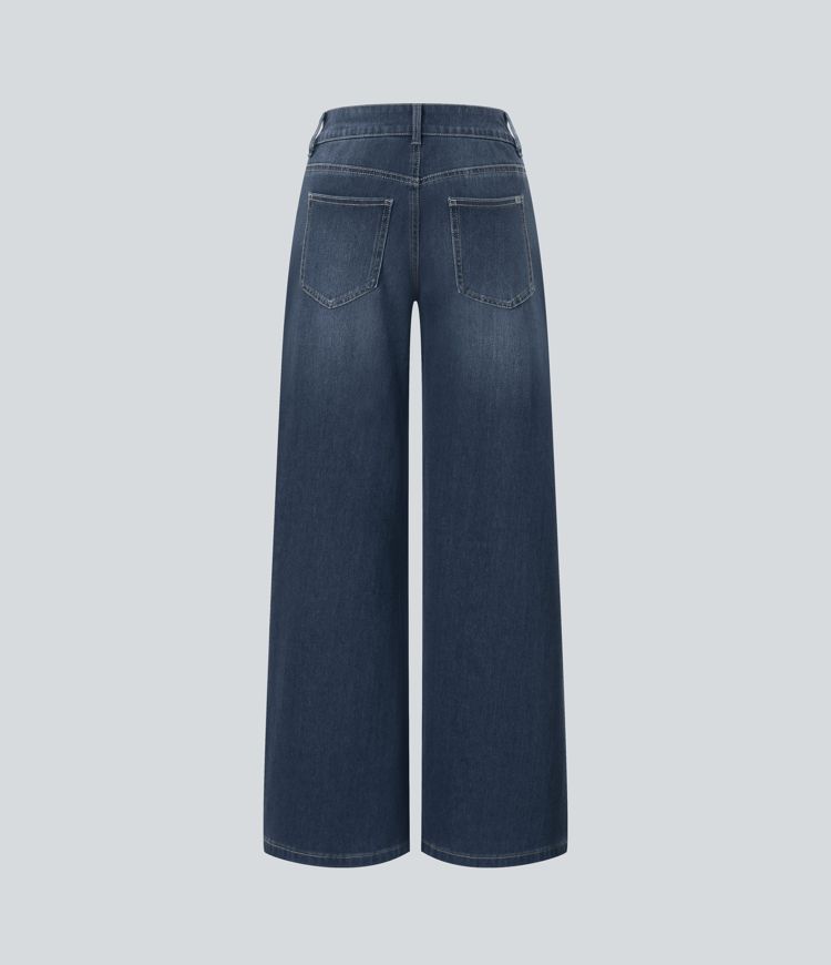 Halara Flex™ Asymmetric Low Rise Zipper Pockets Baggy Wide Leg Washed Casual Jeans