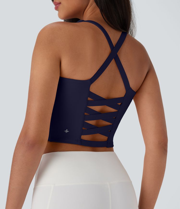 Fuller Bust Crisscross Backless Cropped Yoga Tank Top-D/DD/DDD/F Cups