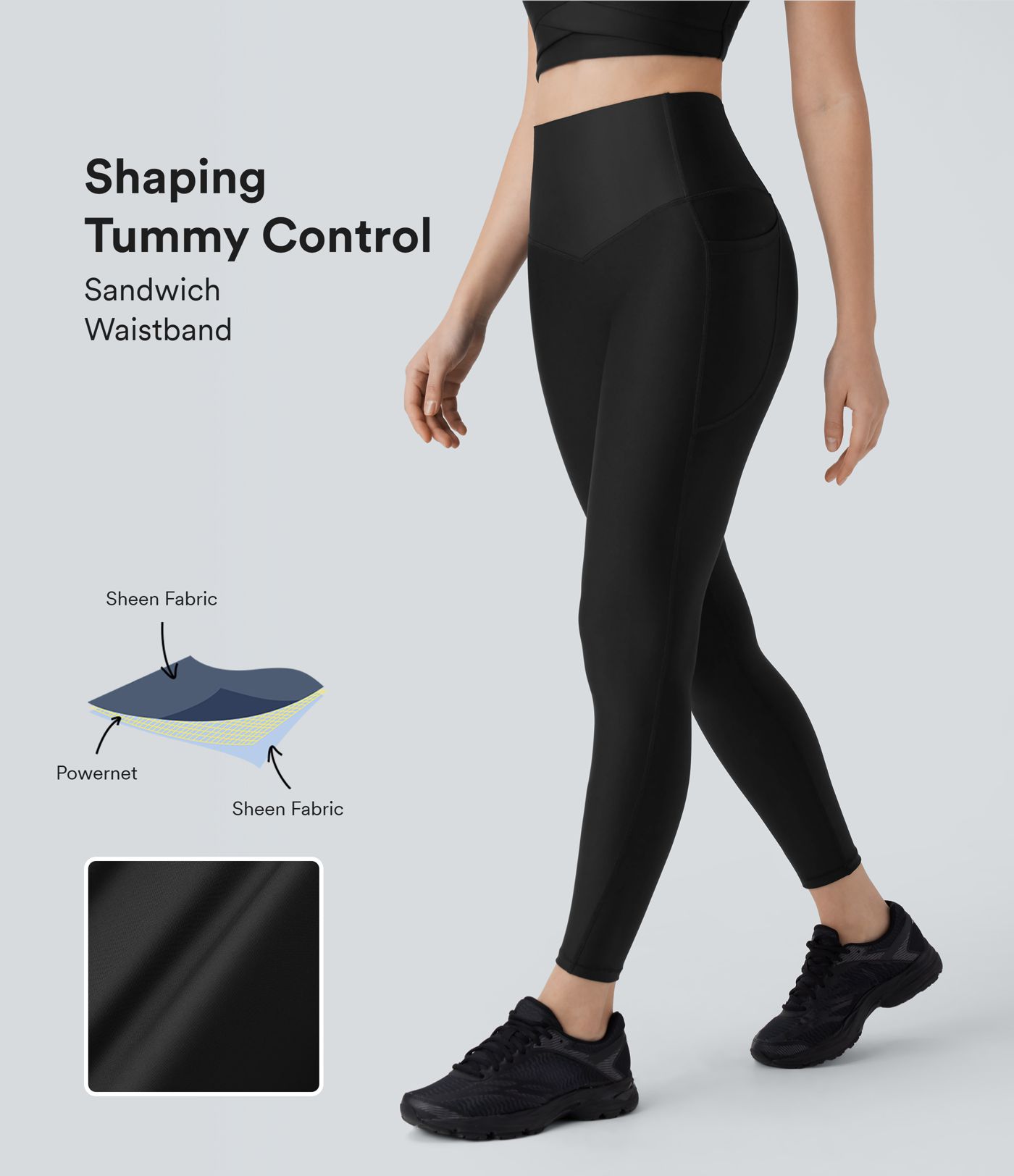 Leggins de entrenamiento de cintura alta SoCinched con control de abdomen, bolsillos y acabado brillante