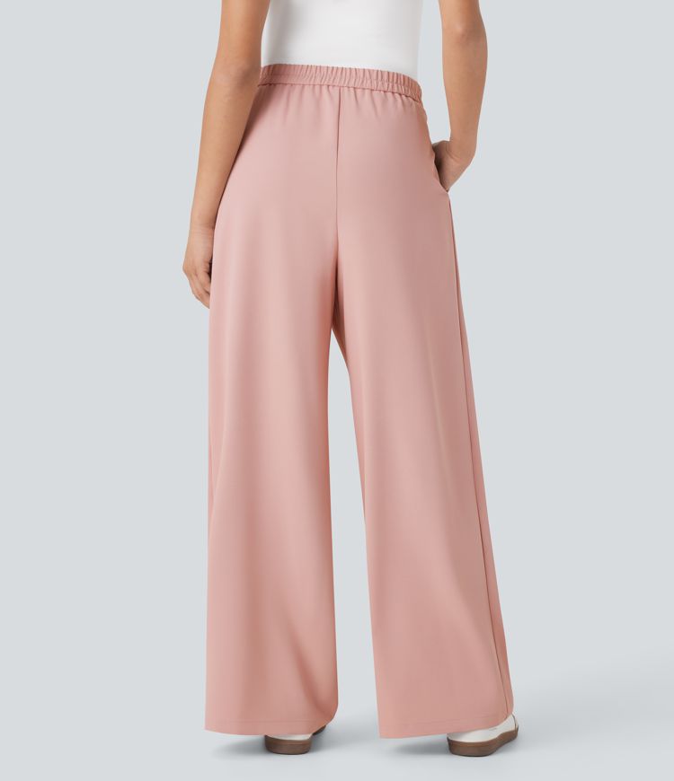 High Waisted Tie Side Wide Leg Work Pants with Pockets