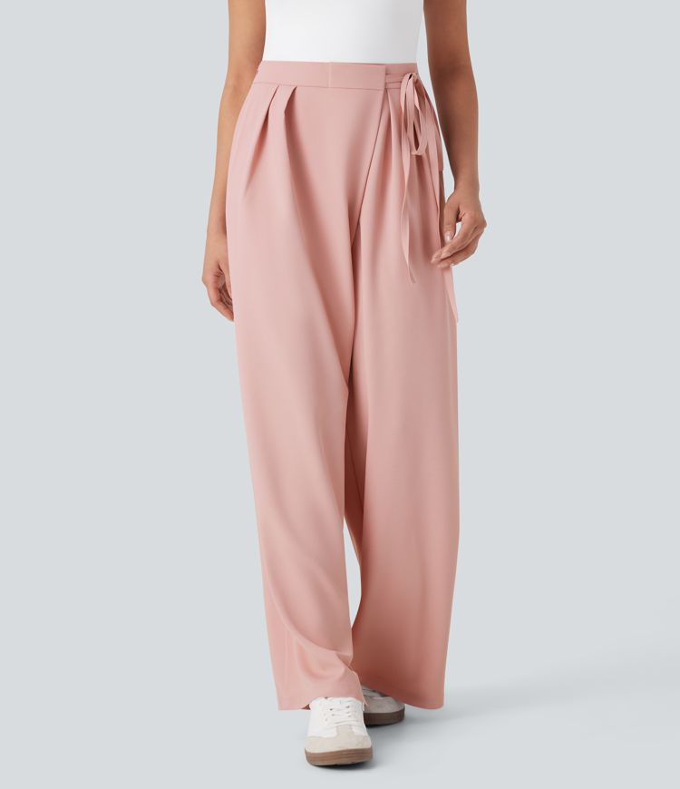 High Waisted Tie Side Wide Leg Work Pants with Pockets