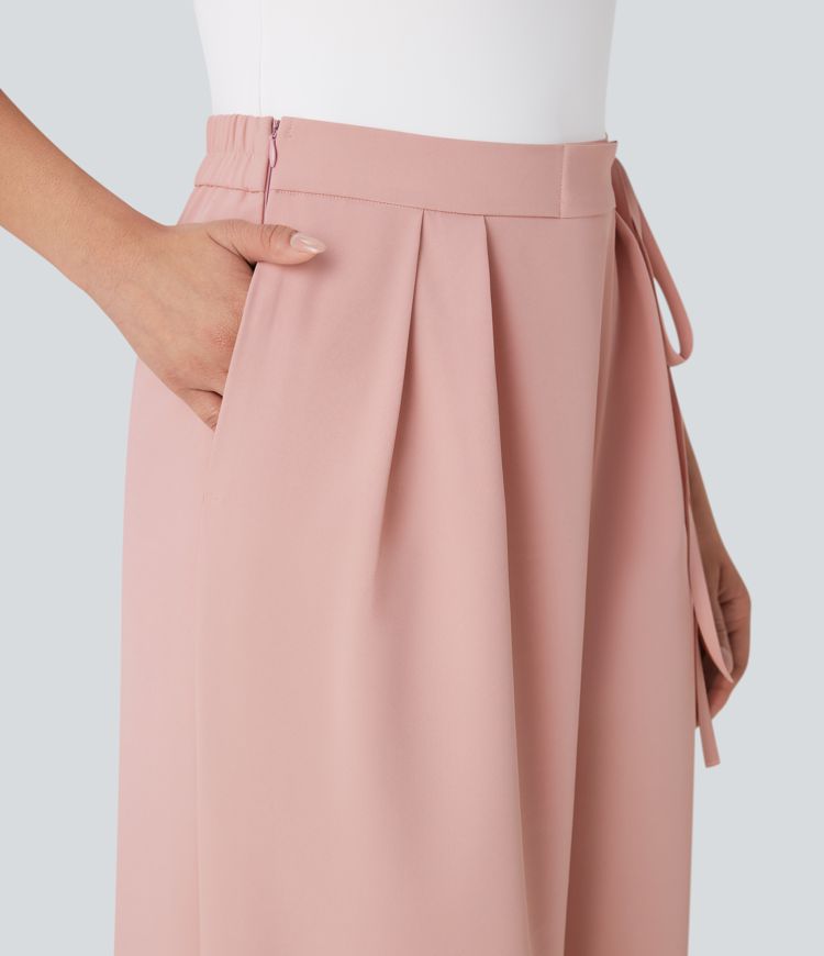 High Waisted Tie Side Wide Leg Work Pants with Pockets