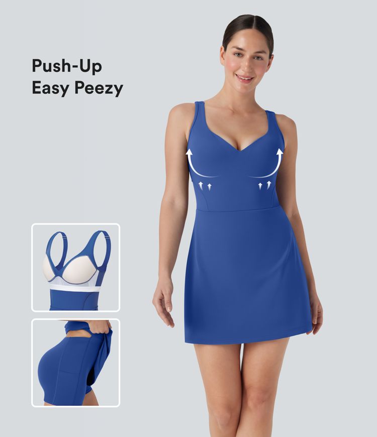 Softlyzero™ Plush Push-up Molded Cups Adjustable Strap Backless 2-in-1 Yoga Active Dress with Pockets-Easy Peezy-D/DD/DDD/F Cups