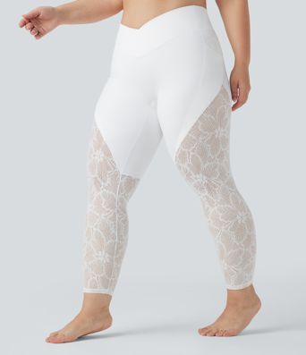 SoftlyZero™ High Waisted Crossover Contrast Lace 7/8 Yoga Plus Size Leggings with Pockets-UPF50+
