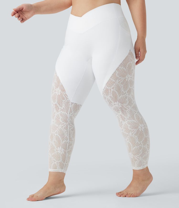 SoftlyZero™ High Waisted Crossover Contrast Lace 7/8 Yoga Plus Size Leggings with Pockets-UPF50+