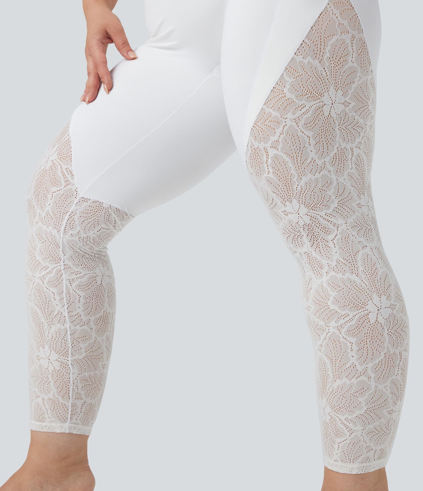 SoftlyZero™ High Waisted Crossover Contrast Lace 7/8 Yoga Plus Size Leggings with Pockets-UPF50+