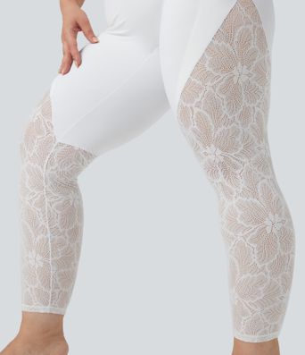 SoftlyZero™ High Waisted Crossover Contrast Lace 7/8 Yoga Plus Size Leggings with Pockets-UPF50+