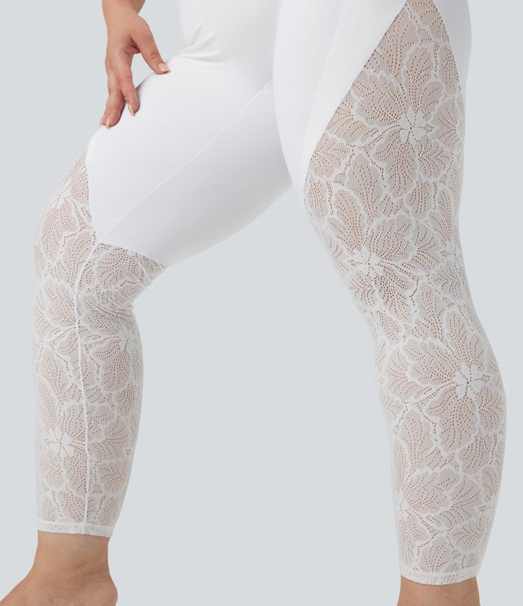 SoftlyZero™ High Waisted Crossover Contrast Lace 7/8 Yoga Plus Size Leggings with Pockets-UPF50+