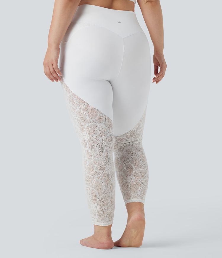 SoftlyZero™ High Waisted Crossover Contrast Lace 7/8 Yoga Plus Size Leggings with Pockets-UPF50+