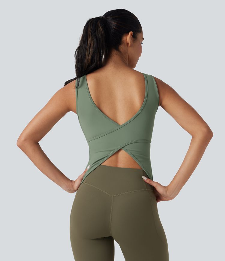 U Neck Crossover Yoga Tank Top-Longer Length-D/DD/DDD/F Cups