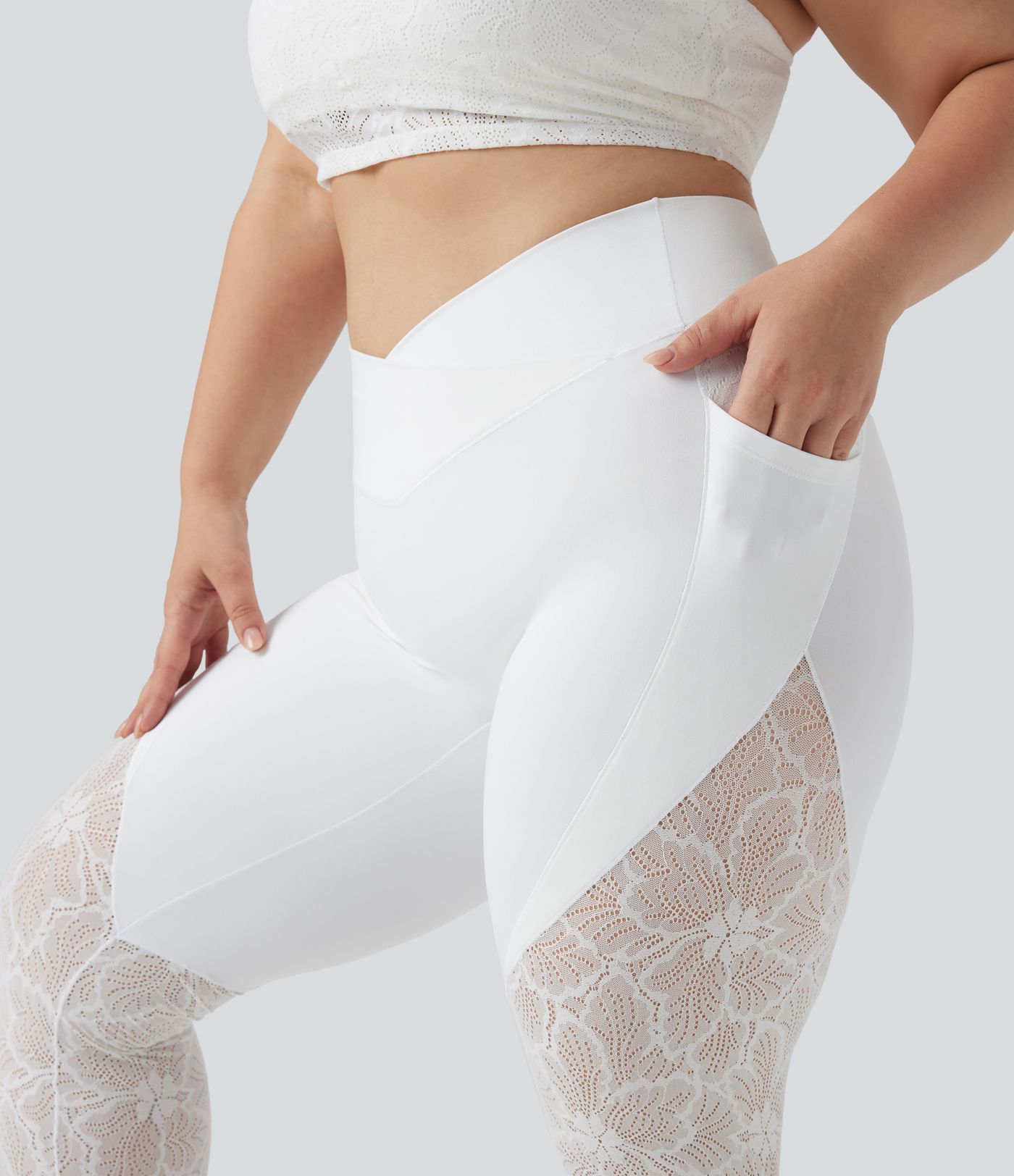 SoftlyZero™ High Waisted Crossover Contrast Lace 7/8 Yoga Plus Size Leggings with Pockets-UPF50+