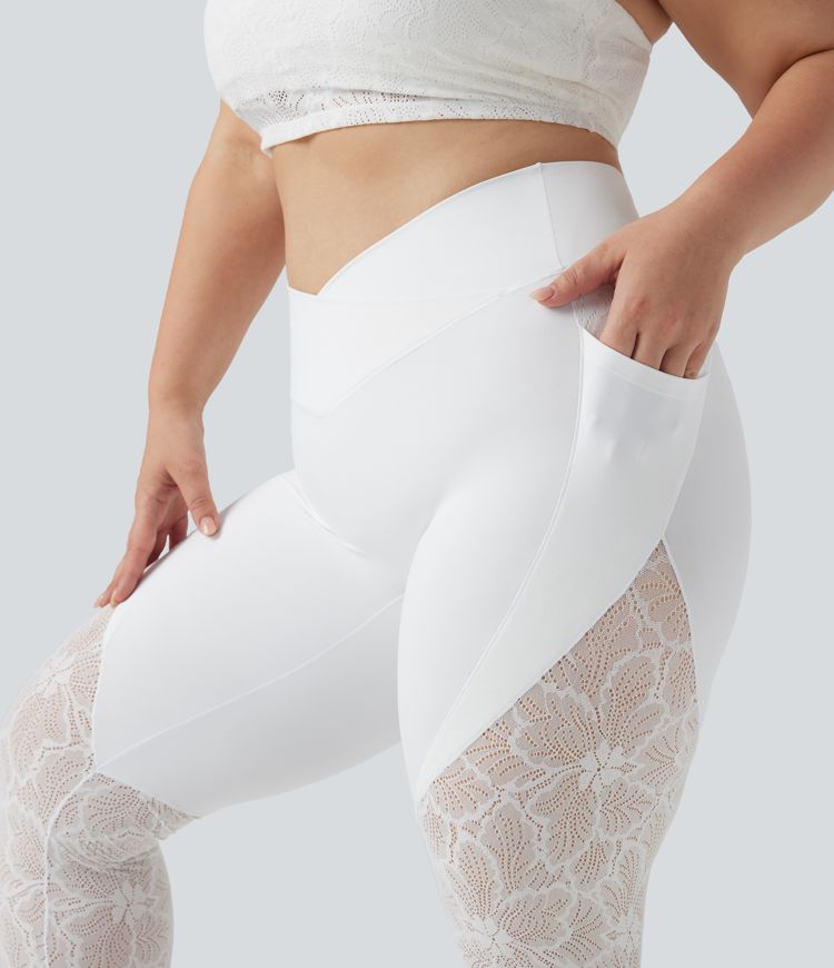 SoftlyZero™ High Waisted Crossover Contrast Lace 7/8 Yoga Plus Size Leggings with Pockets-UPF50+