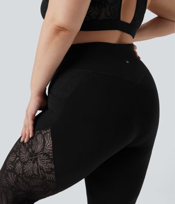 SoftlyZero™ 7/8 kantenleggings voor yoga, met hoge taille en crossover-detail, in contrasterende kleuren, plusmaat, met zakken - UPF50+