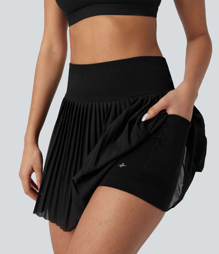 Seamless Flow High Waisted 2-in-1 Pleated Mini Tennis Skirt with Pockets