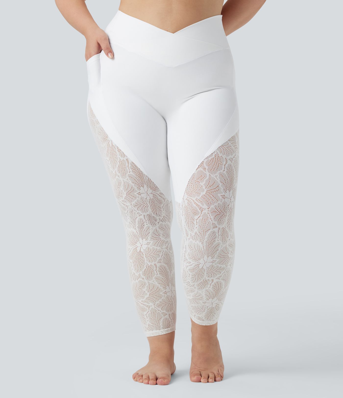 SoftlyZero™ High Waisted Crossover Contrast Lace 7/8 Yoga Plus Size Leggings with Pockets-UPF50+
