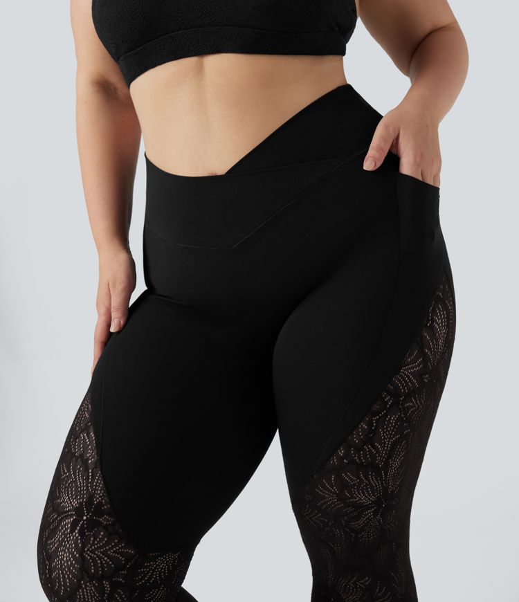 SoftlyZero™ 7/8 kantenleggings voor yoga, met hoge taille en crossover-detail, in contrasterende kleuren, plusmaat, met zakken - UPF50+