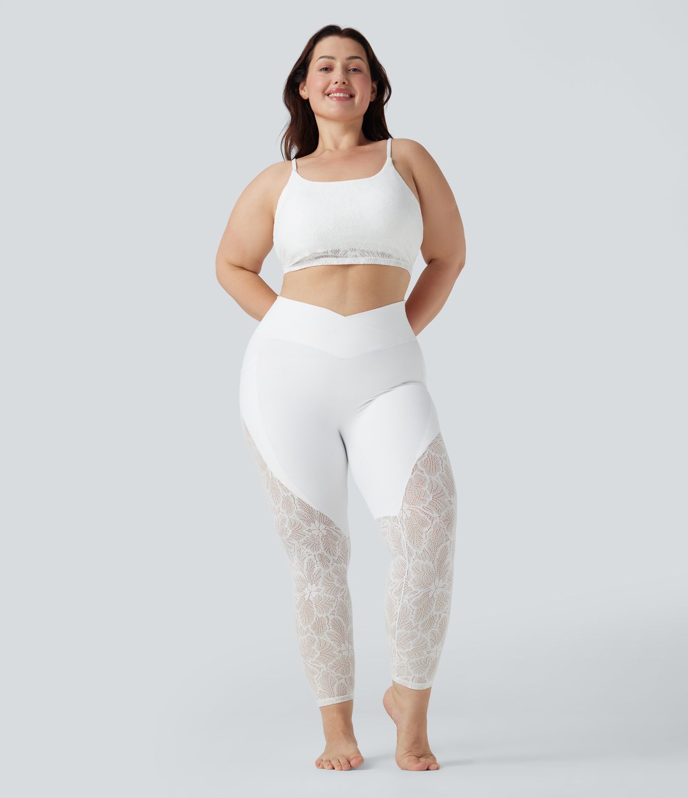 SoftlyZero™ High Waisted Crossover Contrast Lace 7/8 Yoga Plus Size Leggings with Pockets-UPF50+