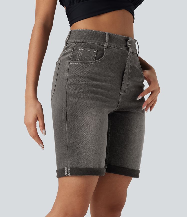 Halara Flex™ High Waisted Pockets Rolled Hem Washed Denim Casual Bermuda Shorts