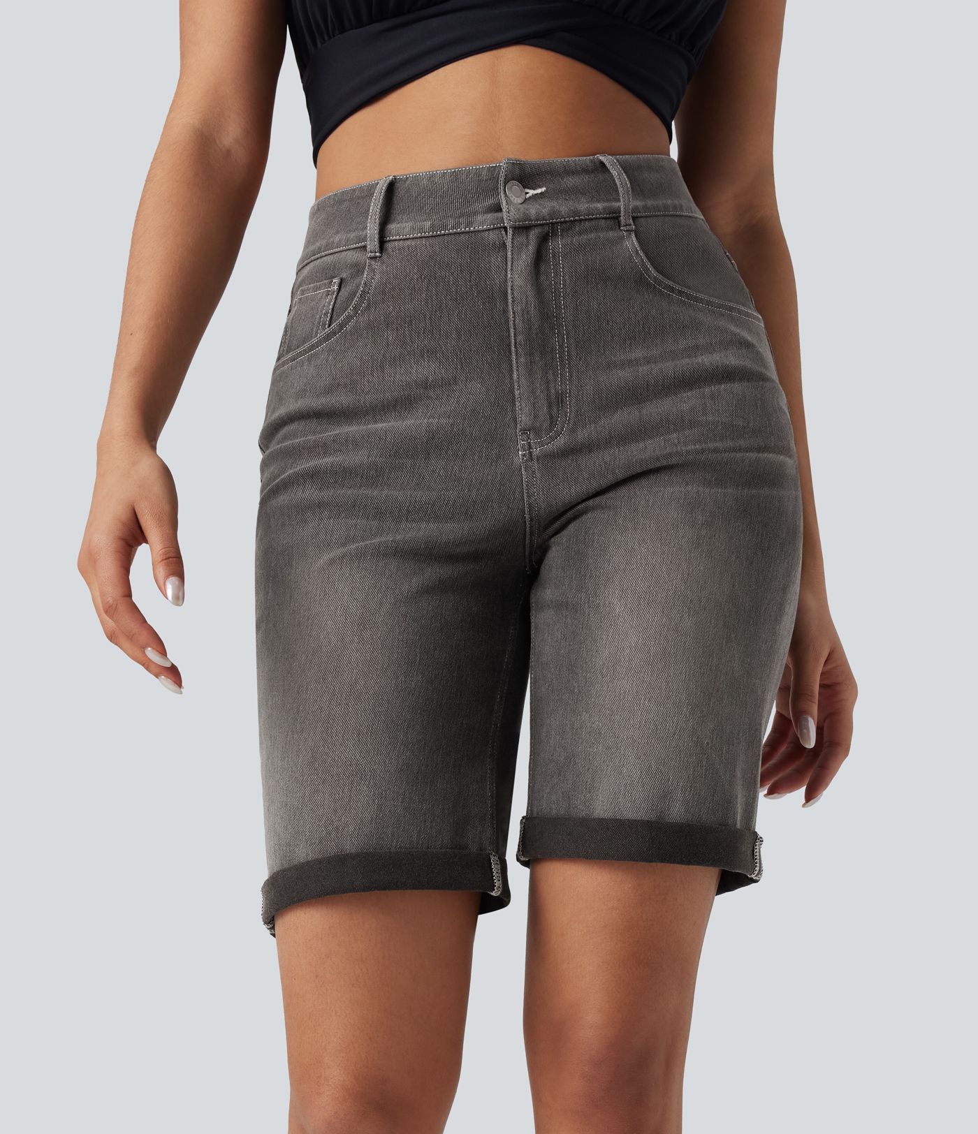 Halara Flex™ High Waisted Pockets Rolled Hem Washed Denim Casual Bermuda Shorts