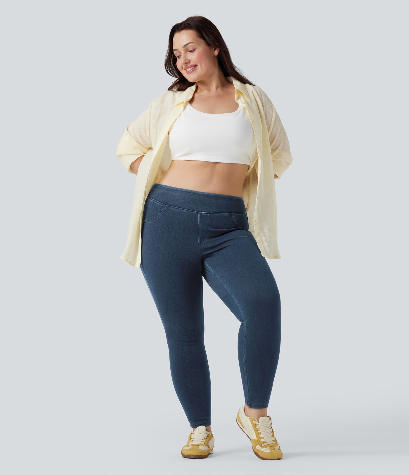 Halara Flex™ Plus Size Jeans Jeggings aus elastischem Strick-Denim mit hohem Bund und Gesäßtaschen
