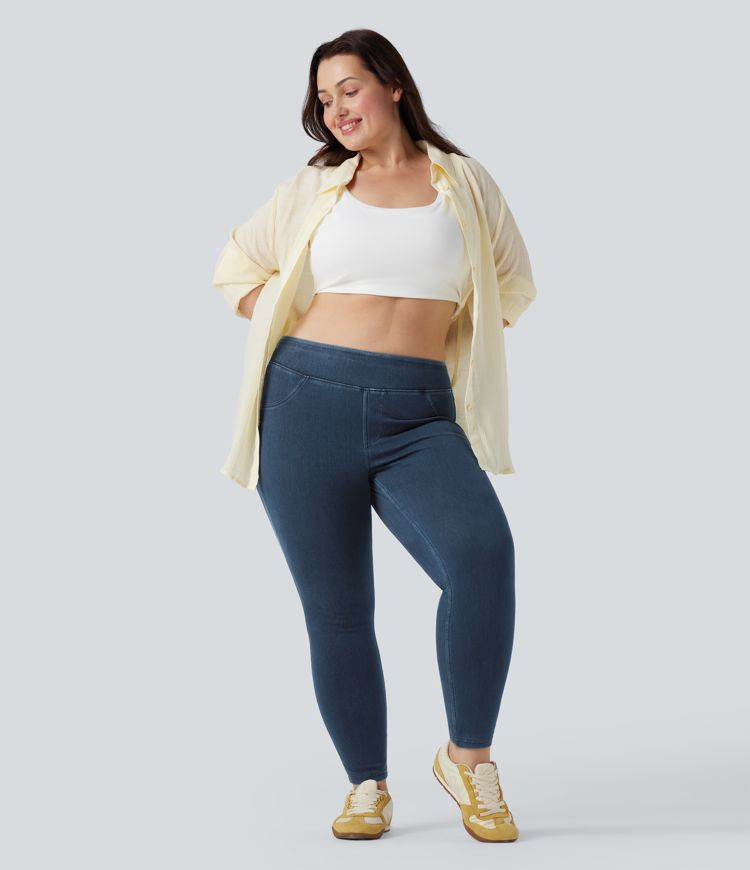 Halara Flex™ Plus Size Jeans Jeggings aus elastischem Strick-Denim mit hohem Bund und Gesäßtaschen